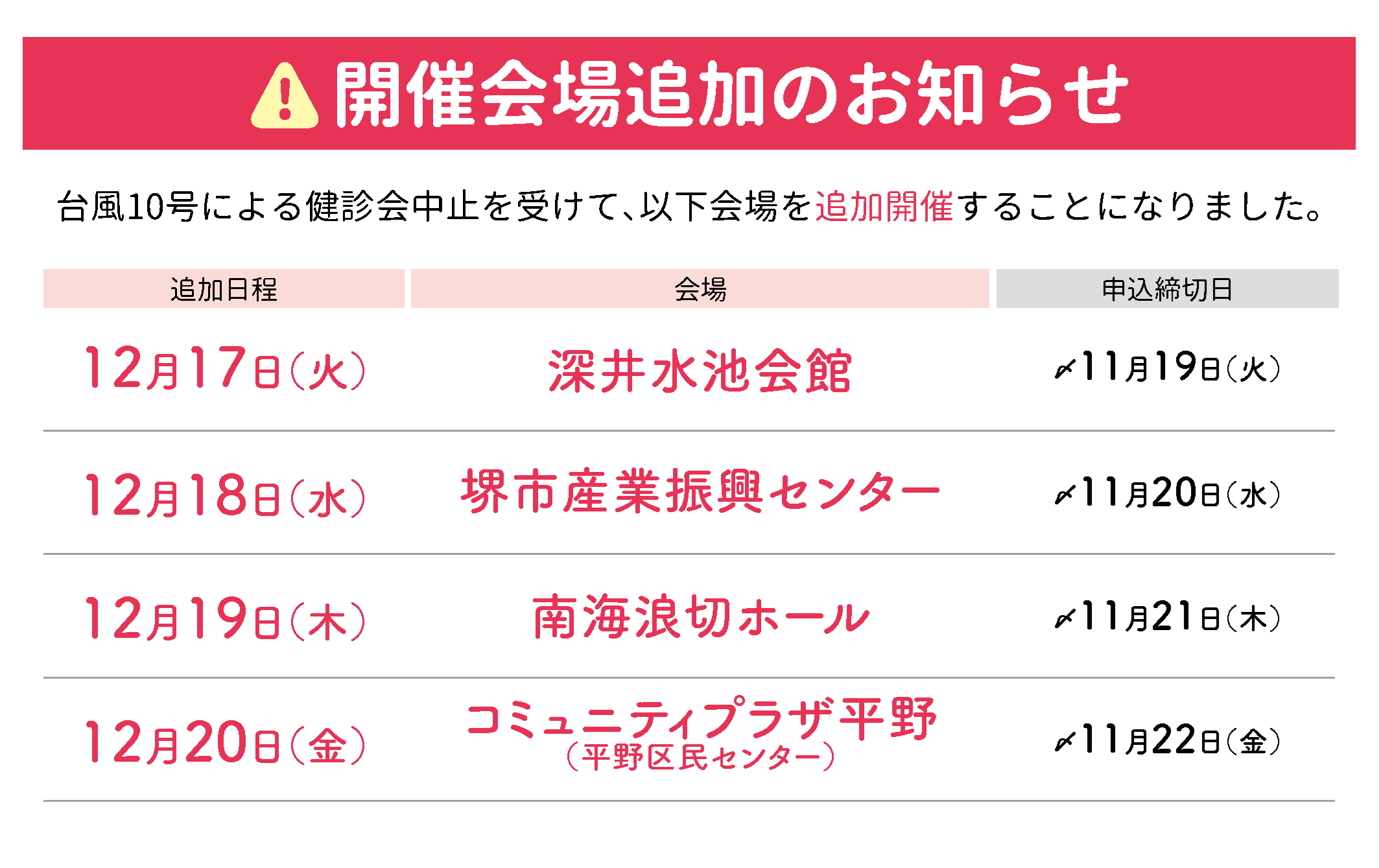 《8月31日（土）・9月1日（日）の集団健診会中止による振替会場のご案内》のアイキャッチ画像